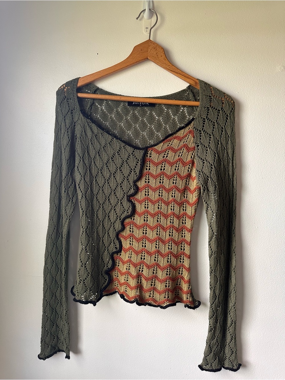 Disturbia Olive Green Open-Knit Cardigan with Chevron Inset